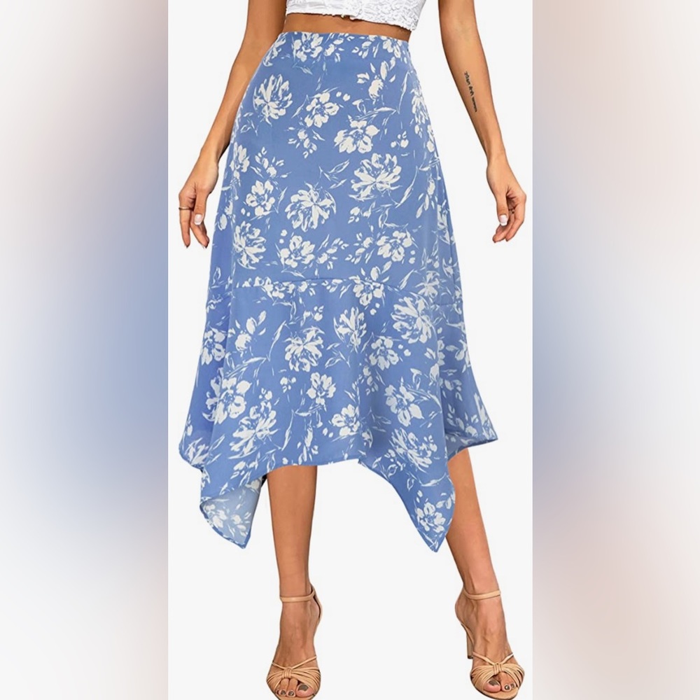 NWT Kate Kasin High Waist Floral Ruffle Midi Skirt